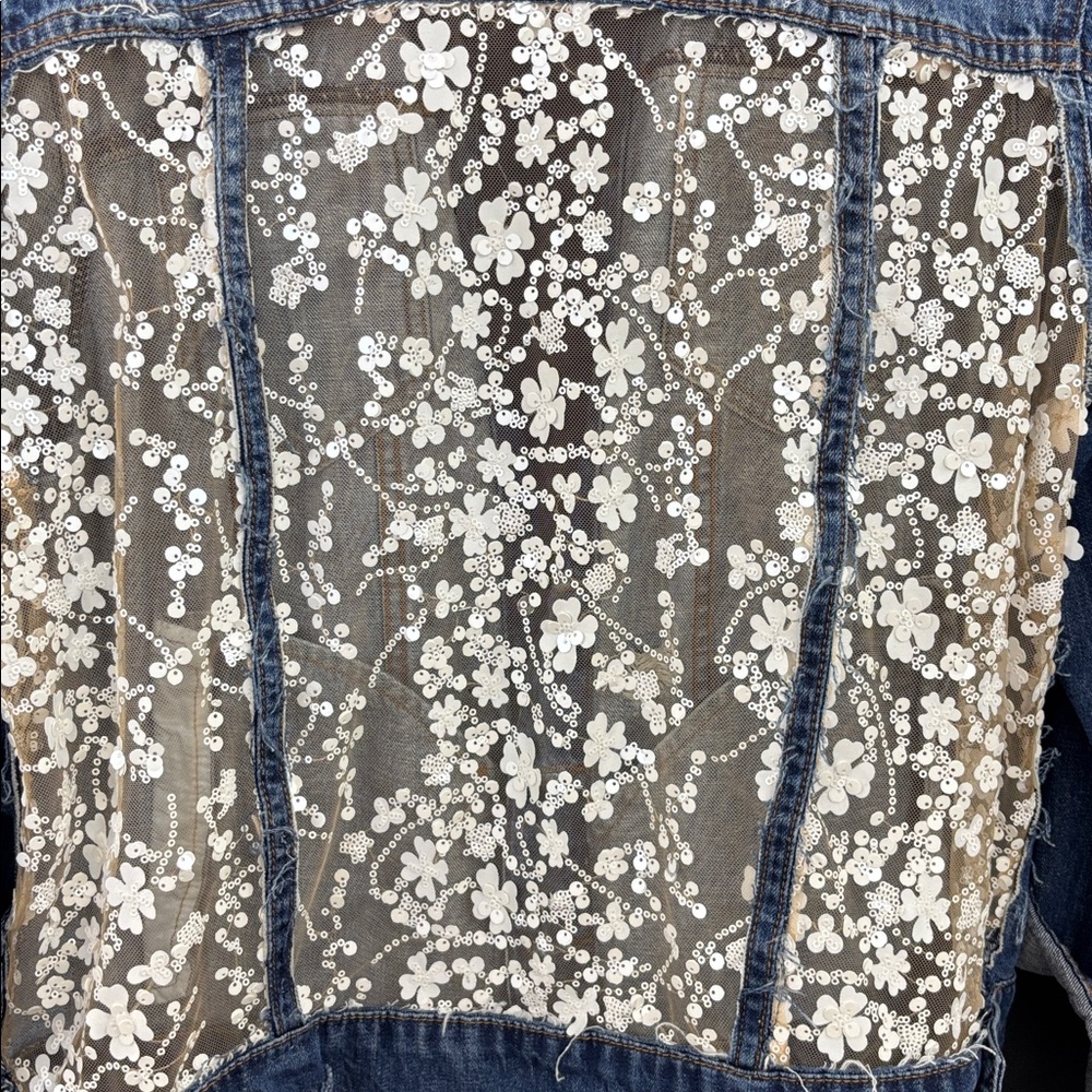 Repurposed Denim Jacket with Floral Lace Back Panel - by Jagged Threads - Picture 2 of 5